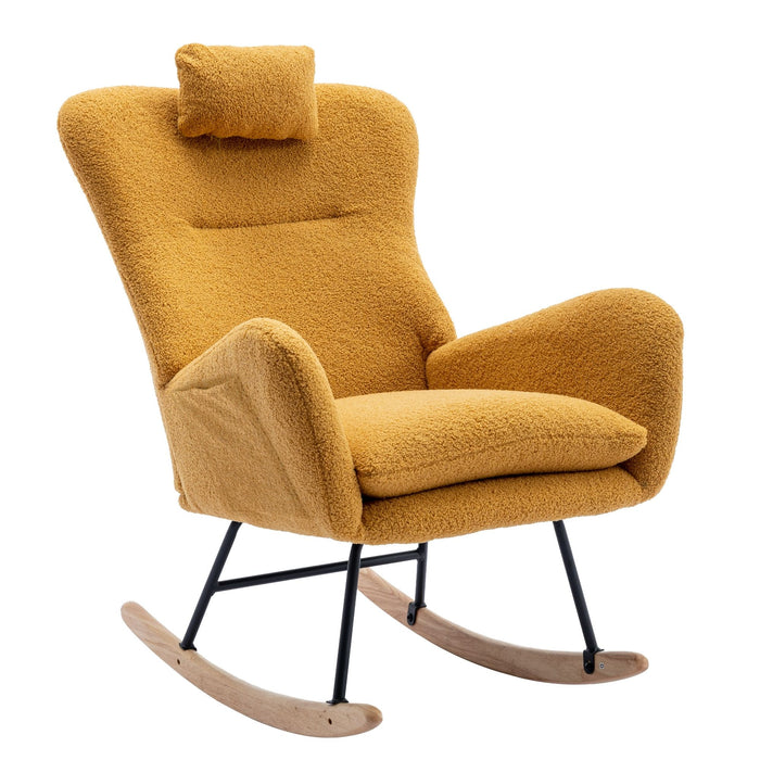 35.5" Rocking Chair With Pocket, Soft Teddy Fabric Rocking Chair For Nursery, Comfy Wingback Glider Rocker With Safe Solid Wood Base For Living Room Bedroom Balcony - Turmeric