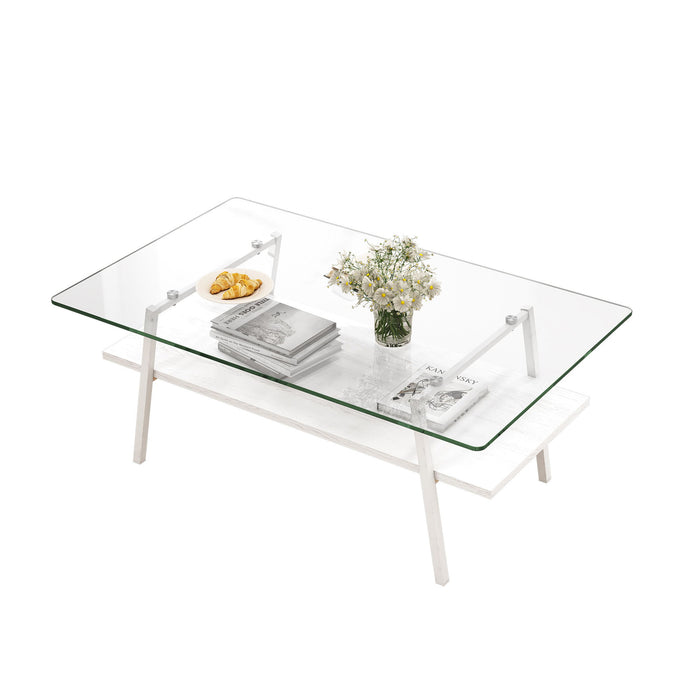 Rectangle Coffee Table, Tempered Glass Tabletop With Metal Legs, Modern Table For Living Room