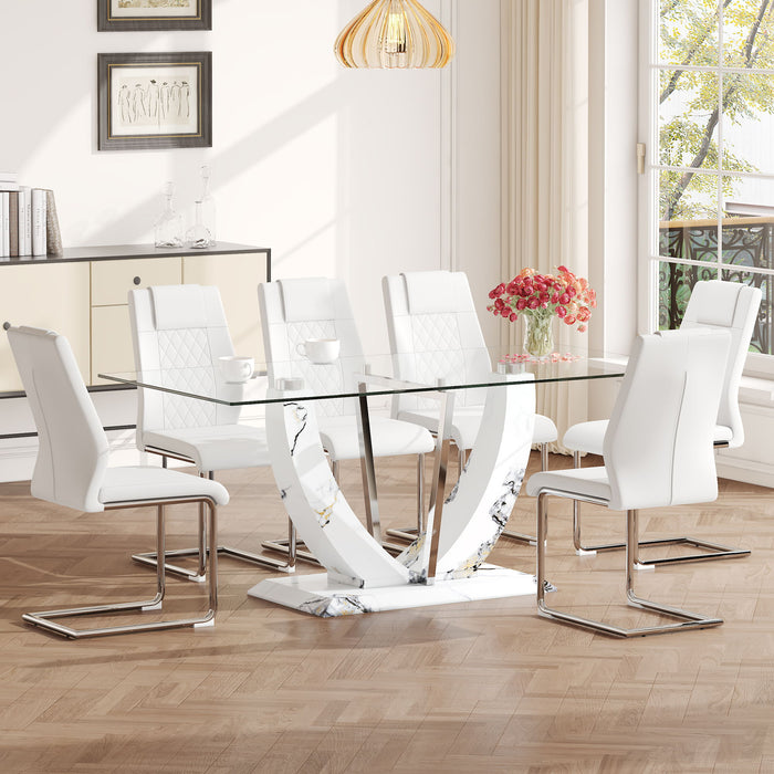 Table And Chair Set, Large Modern Rectangular Glass Table, Can Accommodate 6-8 People, Equipped With A 0.39" Tempered Glass Tabletop And MDF Table Legs.Paired With Comfortable And Soft Chairs - White / Pearl Silver