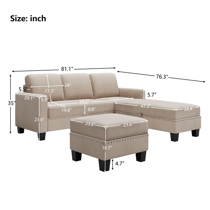 Reversible Sectional Couch With Storage Ottoman L-Shaped Sofa, Sectional Sofa With Chaise, Nailheaded Textured Fabric 3 Pieces Sofa Set - Warm Gray