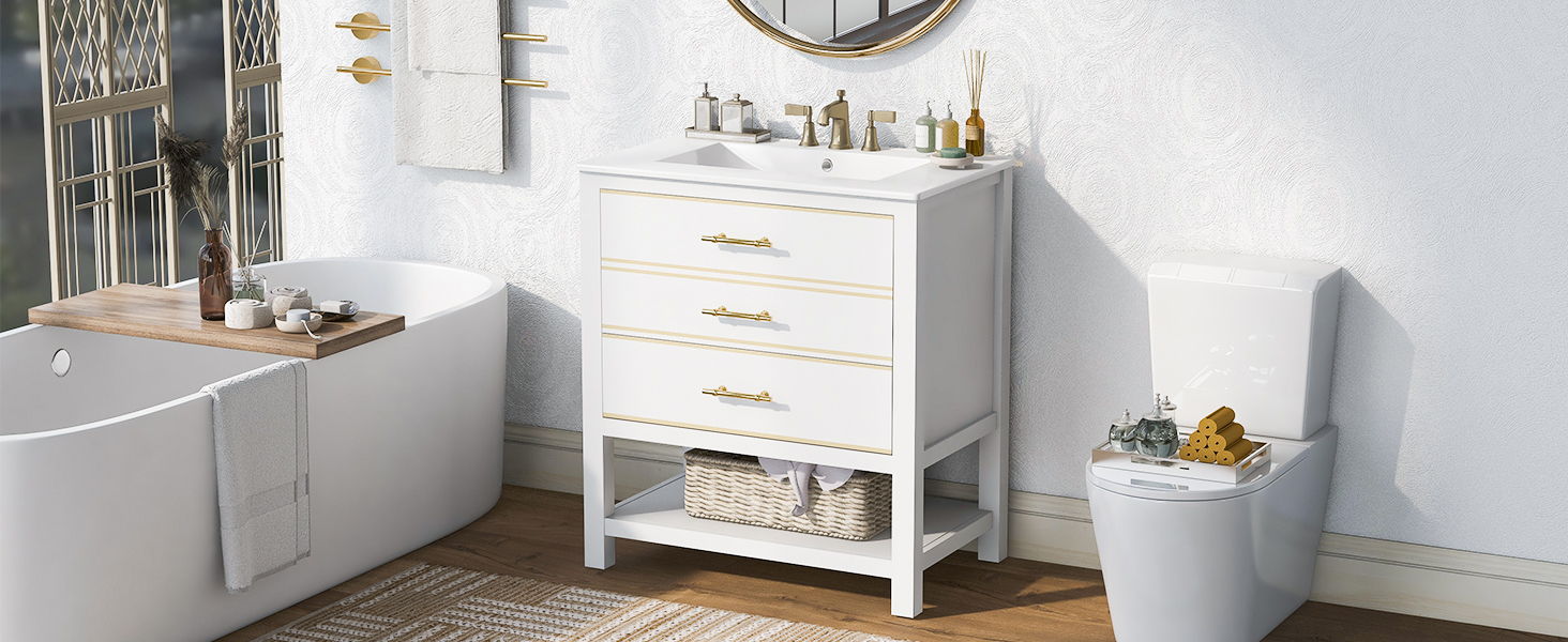 Modern Bathroom Vanity Cabinet, Combo With Open storage, Two Drawers