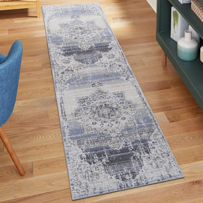 2' x 8' Medallion Non-Shedding Living Room Bedroom Dining Home Office Stylish And Stain Resistant Area Rug - Cream / Blue