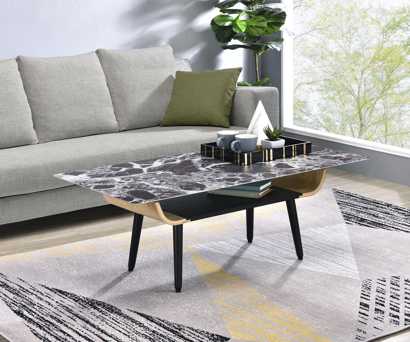 Landon - Table With Glass Black Marble Texture Top And Bent Wood Design - Coffee