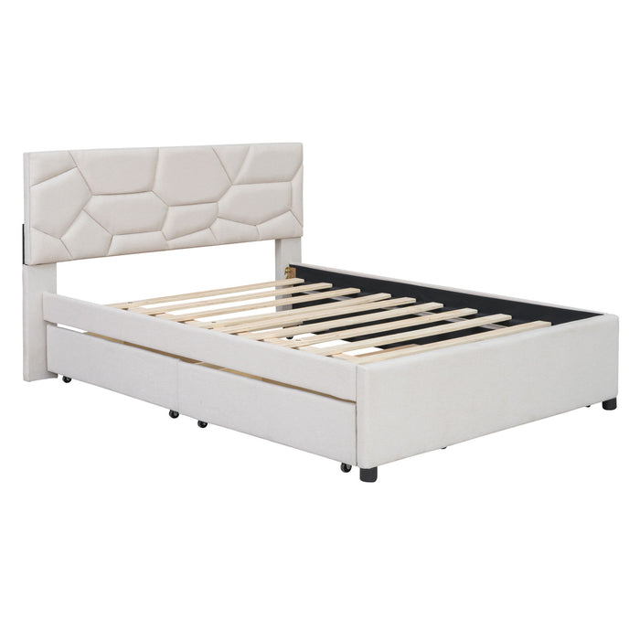 Full Size Upholstered Platform Bed With Brick Pattern Headboard, With Twin Size Trundle And 2 Drawers, Linen