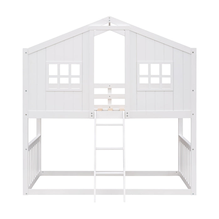 Twin Over Twin House Bunk Bed With Ladder, Wood Bed