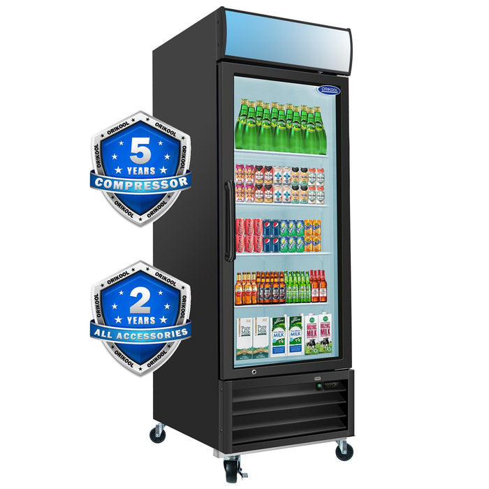 Glass Door Merchandiser Refrigerator 19.3 Cu.Ft Swing Door Commercial Display Refrigerators Merchandising Refrigeration With LED Top Panel - Black