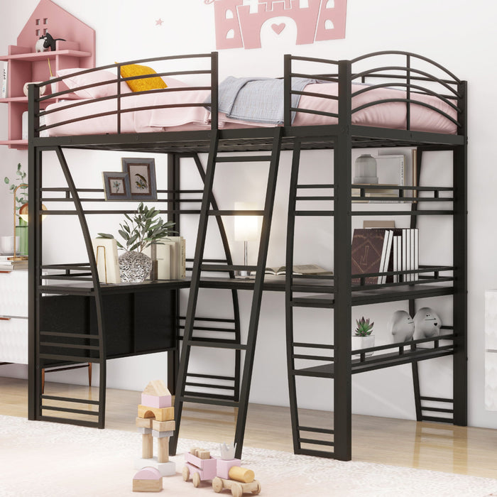 Loft Bed With 4 Layers Of Shelves And L-Shaped Desk, Stylish Metal Frame Bed With A Set Of Sockets, USB Ports And And Wireless Charging