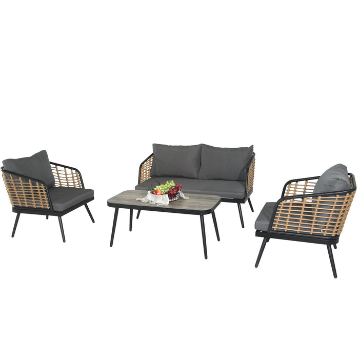 4 Pieces Patio Furniture Set, PE Rattan Wicker With Washable Cushion And Tempered Glass Tabletop, Conversation Furniture For Garden Poolside Balcony