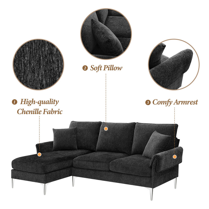 Modern Chenille L-Shaped Sofa With Reversible Lounge, Convertible Sectional Couch Set, 4 Seat Indoor Furniture With Reversible Chaise, Fit For Living Room, Apartment (2 Pillows)