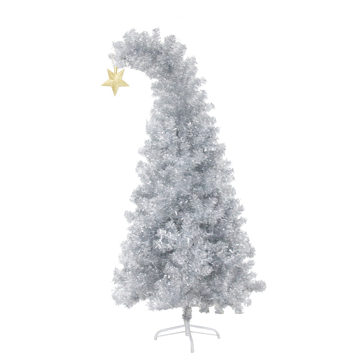 6 Ft Christmas Tree with 300 Colorful LED Lights, Bent Top With Gold Star - White