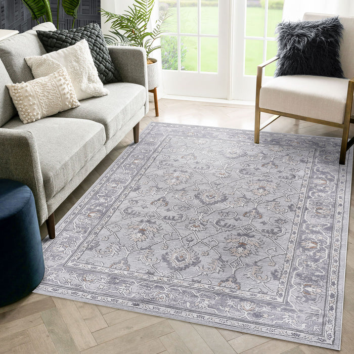 5' x 7' Oriental Non-Shedding Living Room Bedroom Dining Home Office Stylish And Stain Resistant Area Rug - Ivory / Gray