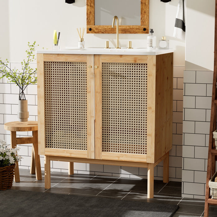 Bathroom Vanity Crafted From Natural Materials, Featuring Handmade Rattan Doors And Soft-Closing Mechanisms - Light Brown