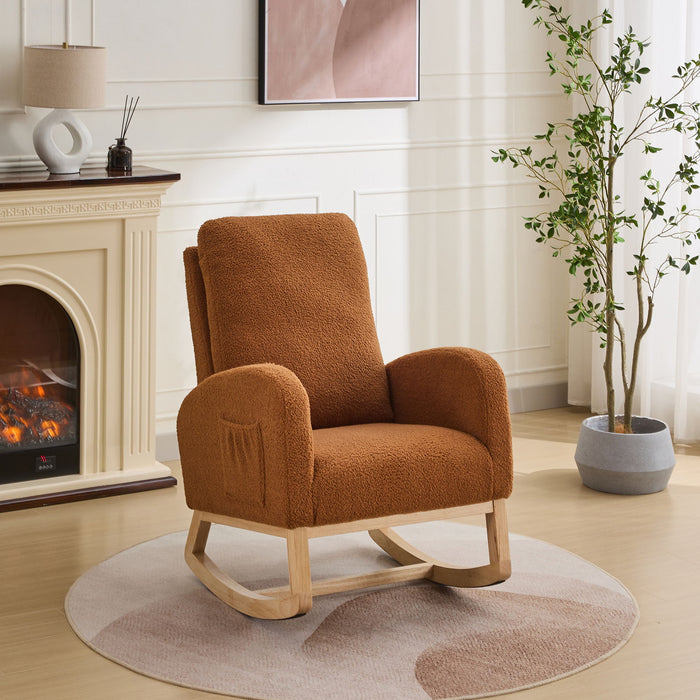 Rocking Chair For Nursery, Sherpa Glider Chair With High Back And Side Pocket, Rocking Accent Armchair With Rubber Wood Legs For Living Room / Bedroom