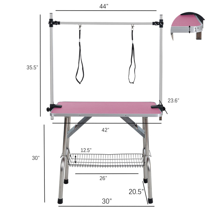 Folding Dog Pet Grooming Table Stainless Steel Frame Rubber Mat On Board With Adjustable Arm And Clamps Pet Dog Cat Grooming Table