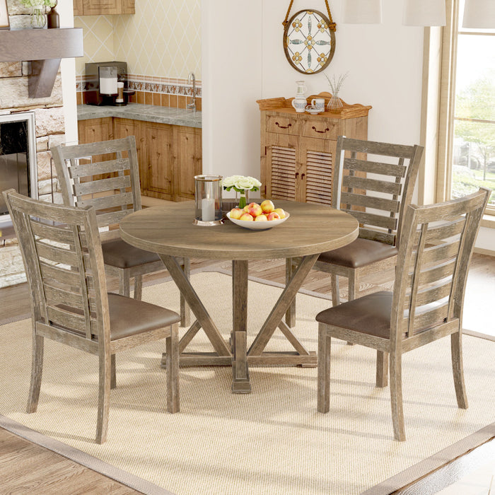 5 Pieces Dining Set, Round Counter Table Modern Farmhouse Rustic - Distressed Brown