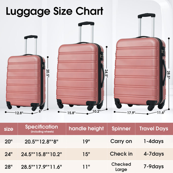 3 Piece Luggage Set Hardside Spinner Suitcase With Tsa Lock 20" 24' 28" Available - Rose Gold