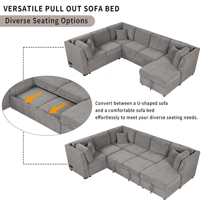 U-Shaped Sectional Sofa Pull Out Sofa Bed With Two USB Ports, Two Power Sockets, Three Back Pillows And A Storage Chaise For Living Room