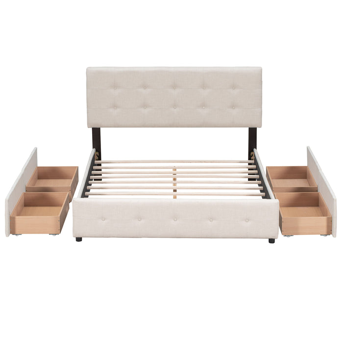 Upholstered Platform Bed With Classic Headboard And 4 Drawers, No Box Spring Needed