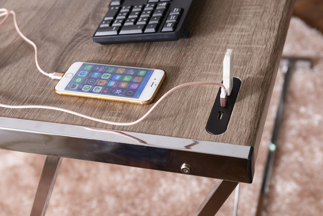 Chrome Writing Desk With Port In USB - Weathered Oak