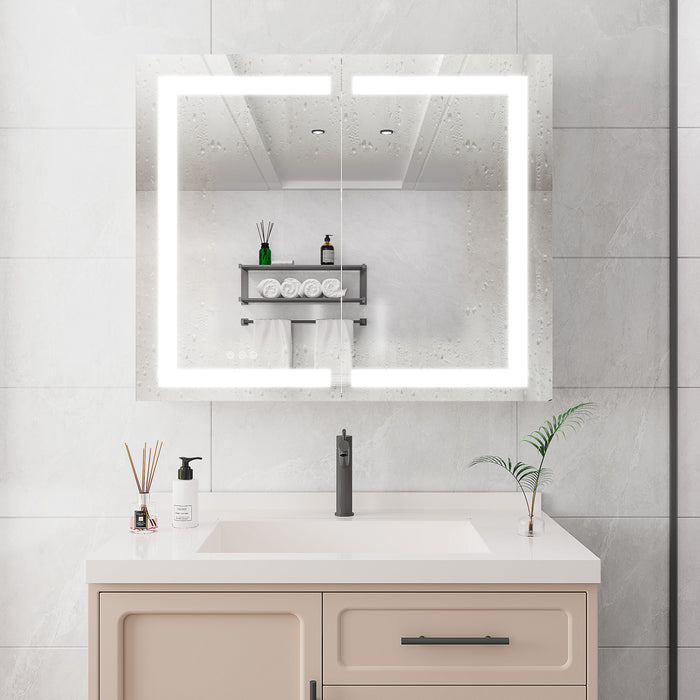 Medicine Cabinet With LED Vanity Mirror, Anti-Fog, Recessed Or Surface Mount, Waterproof, Dimmable, Aluminum 3000K~6000K Lighted Double Door Bathroom Cabinet With Touch Switch