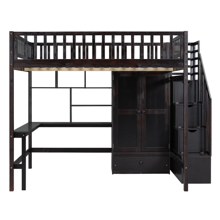 Full Size Loft Bed With Bookshelf, Drawers, Desk, And Wardrobe