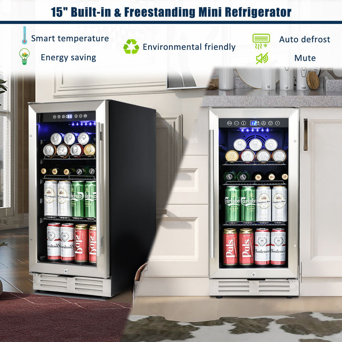 Built-In And Freestanding Mini Beverage Refrigerator / Wine Cabinet, 120 Cans, 37-65°F, Quiet, Adjustable Shelves, LED Lighting, Etl, Touch Controls, Defrost, Double Glass Door - Black / Silver