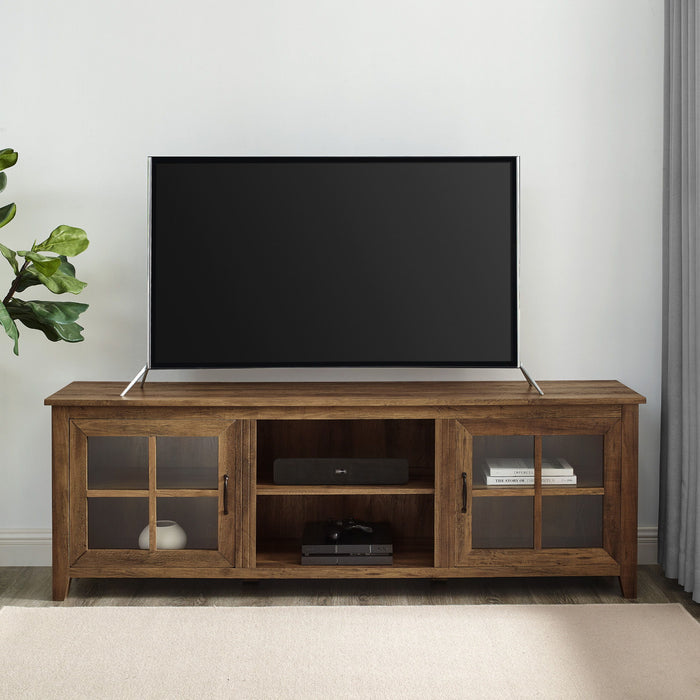 Modern Farmhouse 2 Door Glass Windowpane 70" TV Stand For 80" TVs - Rustic Oak