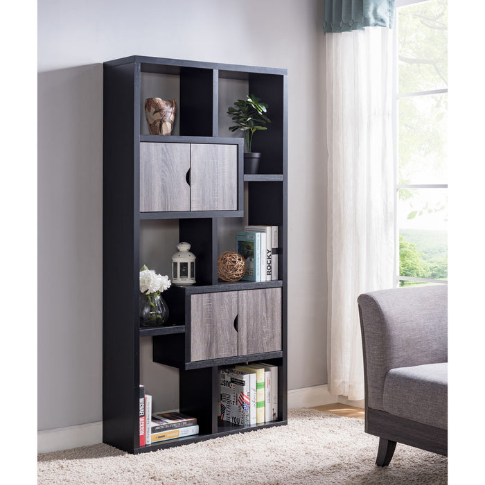 Two-Toned Display Cabinet, Two Door Bookcase Six Shelves - Black & Distressed Grey