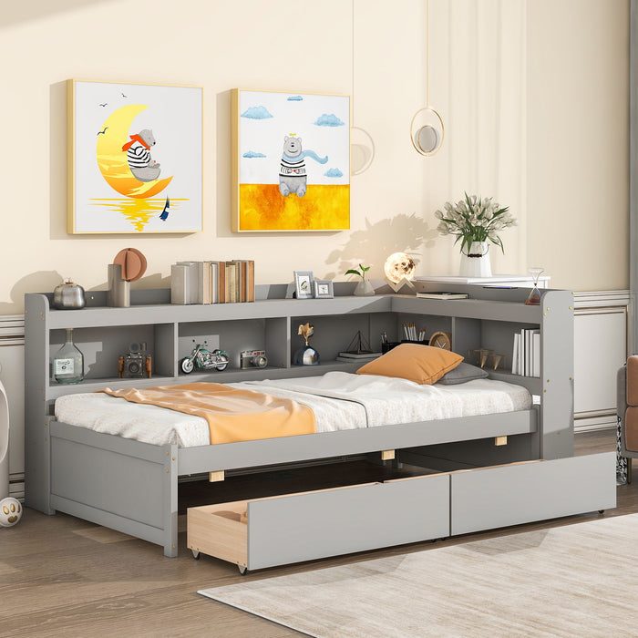 Twin Bed With L-Shaped Bookcases, Drawers