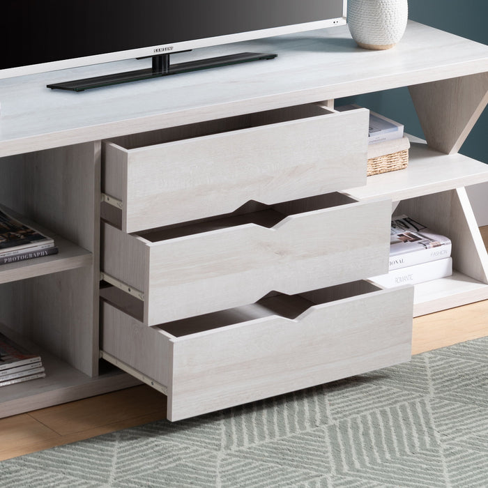 TV Stand With Whimsical Leg Design Ample Storage With Three Drawers And Four Open Shelves - White Oak