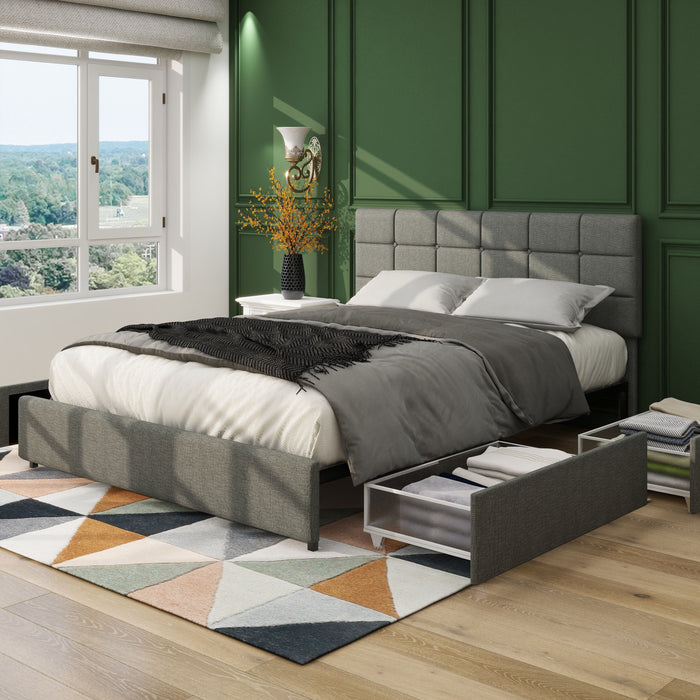 Vera - Upholstered Platform Bed With Patented 4 Drawers Storage, Square Stitched Button Tufted Headboard