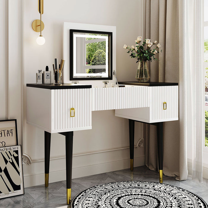 Modern Vanity Table Set With Flip-Top Mirror And Led Light, Dressing Table With Customizable Storage - White / Black