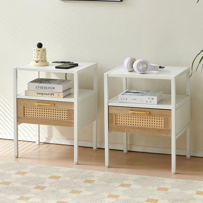 Rattan End Table With Power Outlet & USB Ports, Modern Nightstand With Drawer And Metal Legs, Side Table For Living Room, Bedroom