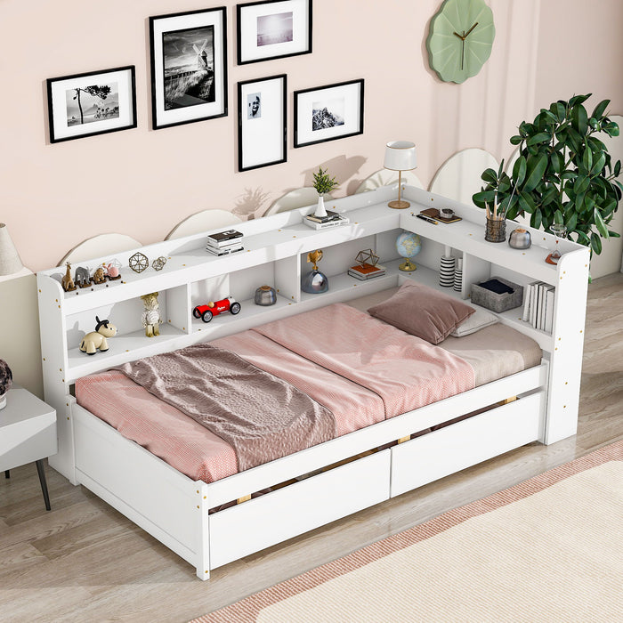 Twin Bed With L-Shaped Bookcases, Drawers