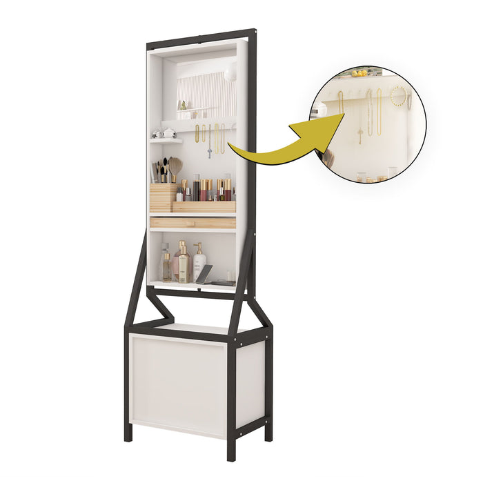 Modern Design Rotating Floor Standing Mirror Closet & Spacious Storage Area - White