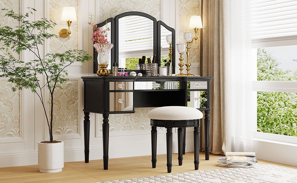 Dressing Table Set With Mirrored Drawers And Stool, Tri-Fold Mirror, Makeup Vanity Set For Bedroom