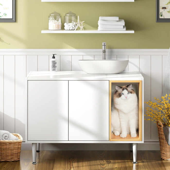 Bathroom Sink Cabinet With Cat Litter Box Enclosure, Hidden Litter Pet Washroom With Divider, Indoor Cat House For Large Cats, Wooden Cabinet Furniture - White