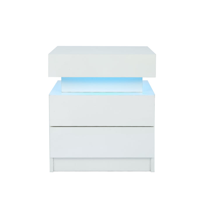 Nightstand With LED Lights Wood LED Bedside Table Nightstand With 2 High Gloss Drawers For Bedroom