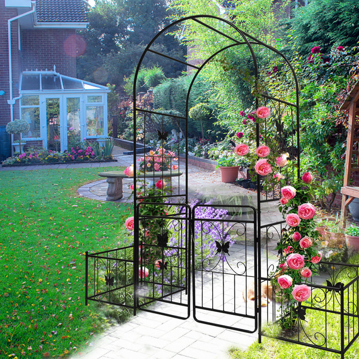 Metal Garden Arch With Gate High Climbing Plants Support Rose Arch Outdoor - Black