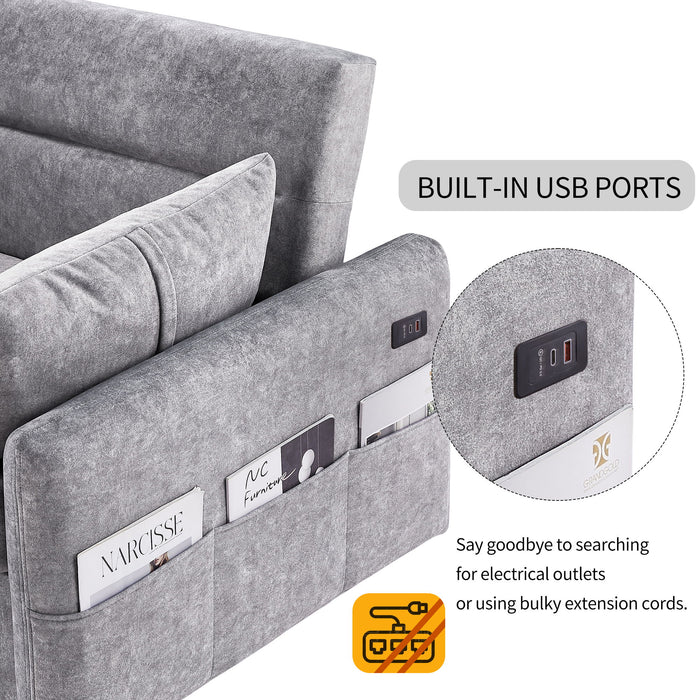 Pull Out Sleep Sofa Bed Loveseats Sofa Couch With Adjsutable Backrest, Storage Pockets, 2 Soft Pillows, USB Ports For Living Room, Bedroom, Apartment, Office