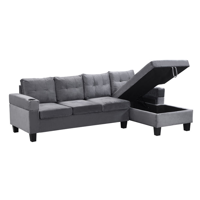 Modern 4 Seat Sectional Sofa With L Shape Right Lounge Storage Chaise, Cup Holder - Gray