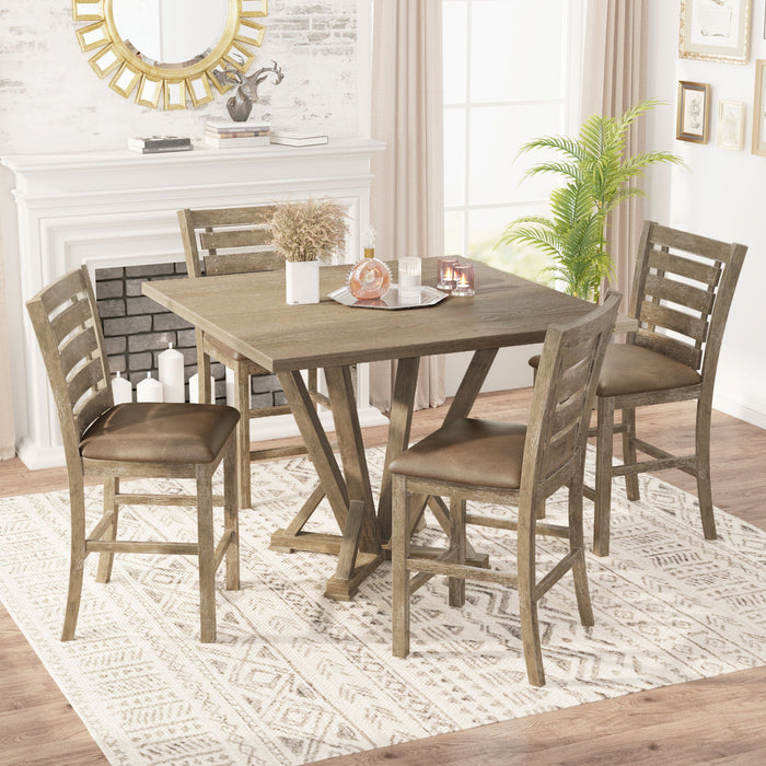 5 Pieces Dining Set, Square Counter Table Modern Farmhouse Rustic - Distressed Brown