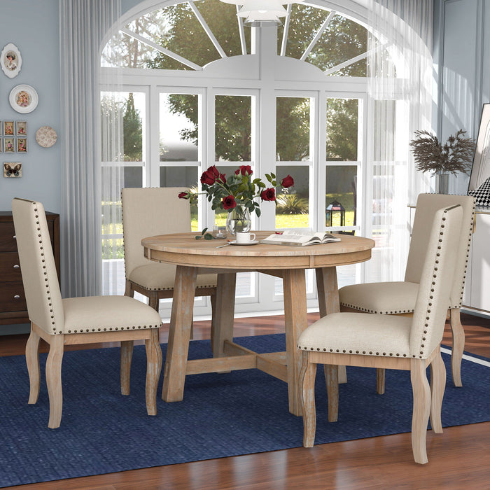 Farmhouse Dining Table Set Wood Round Extendable Dining Table And Upholstered Dining Chairs