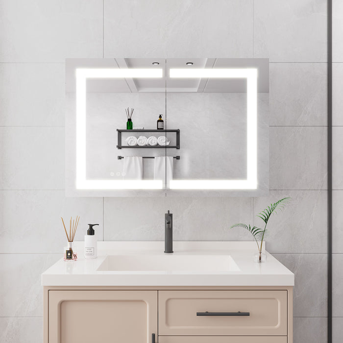 Medicine Cabinet With LED Vanity Mirror, Anti-Fog, Recessed Or Surface Mount, Waterproof, Dimmable, Aluminum 3000K~6000K Lighted Double Door Bathroom Cabinet With Touch Switch