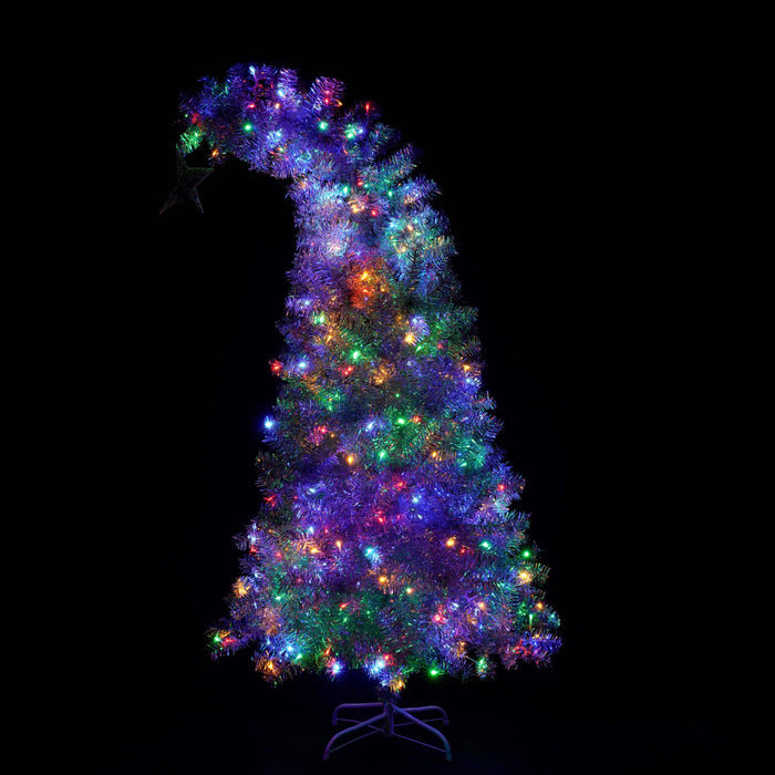 6 Ft Christmas Tree with 300 Colorful LED Lights, Bent Top With Gold Star - White