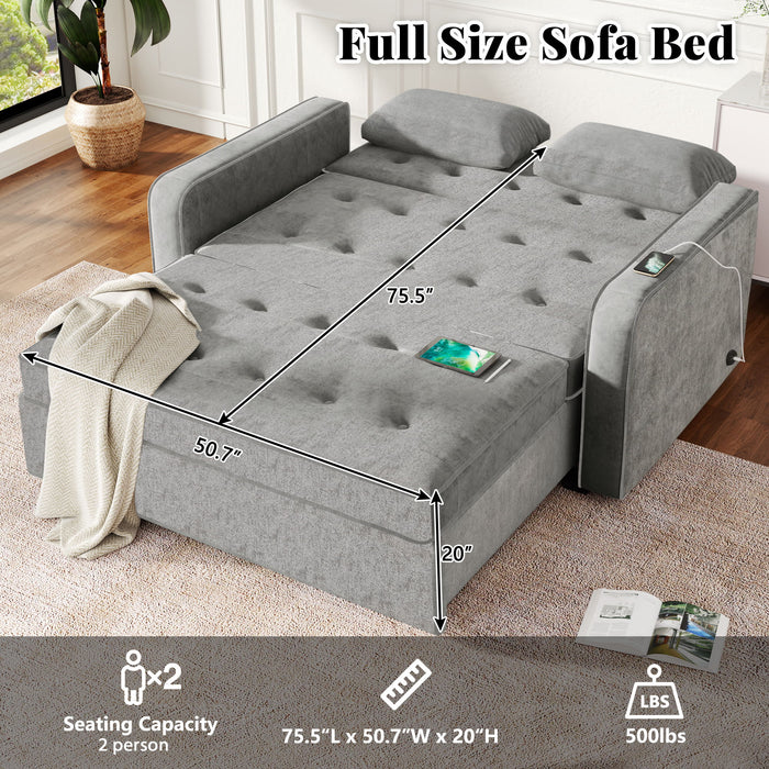 Upholstered Sleeper Bed, Pull Out Sofa Bed Couch Attached Two Throw Pillows, Dual USB Charging Port And Adjustable Backrest For Living Room Space