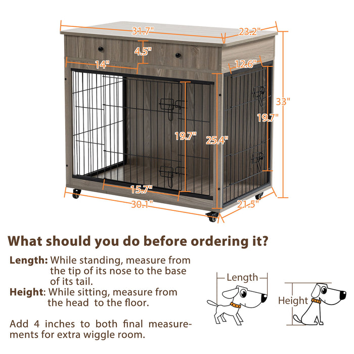 Dog Crate Furniture, Wooden Dog House, Decorative Dog Kennel With Drawer, Indoor Pet Crate End Table For Small Dog, Steel-Tube Dog Cage, Chew-Proof