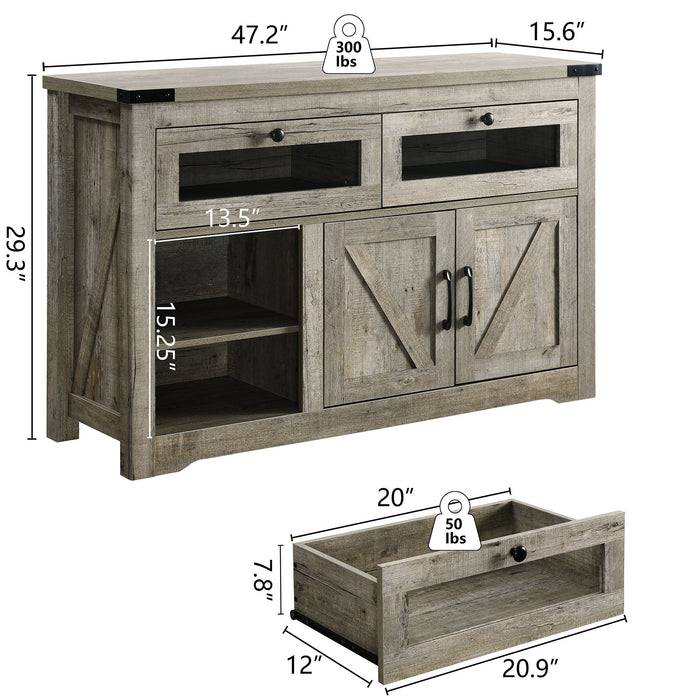 Modern Wooden Sideboard, Kitchen Buffet, Built-In With Adjustable Laminate And LED Lights, 2 Drawers And A Barn Door, Suitable For Kitchen, Dining Room, Living Room - Cement Gray