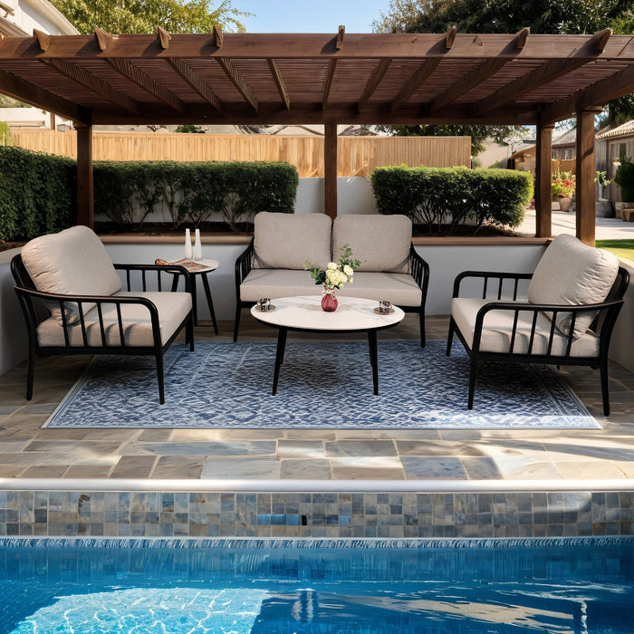 5 Pieces Outdoor Patio, Modern Chat Sofa Conversation Set, Removable Sunbrella Cushions And Table With Carrara Marble Look Sintered Stone Top - Ember Black / White