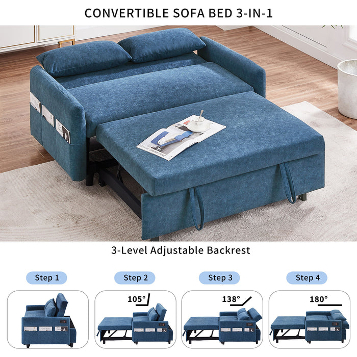 Pull Out Sleep Sofa Bed Loveseats Sofa Couch With Adjsutable Backrest, Storage Pockets, 2 Soft Pillows, USB Ports For Living Room